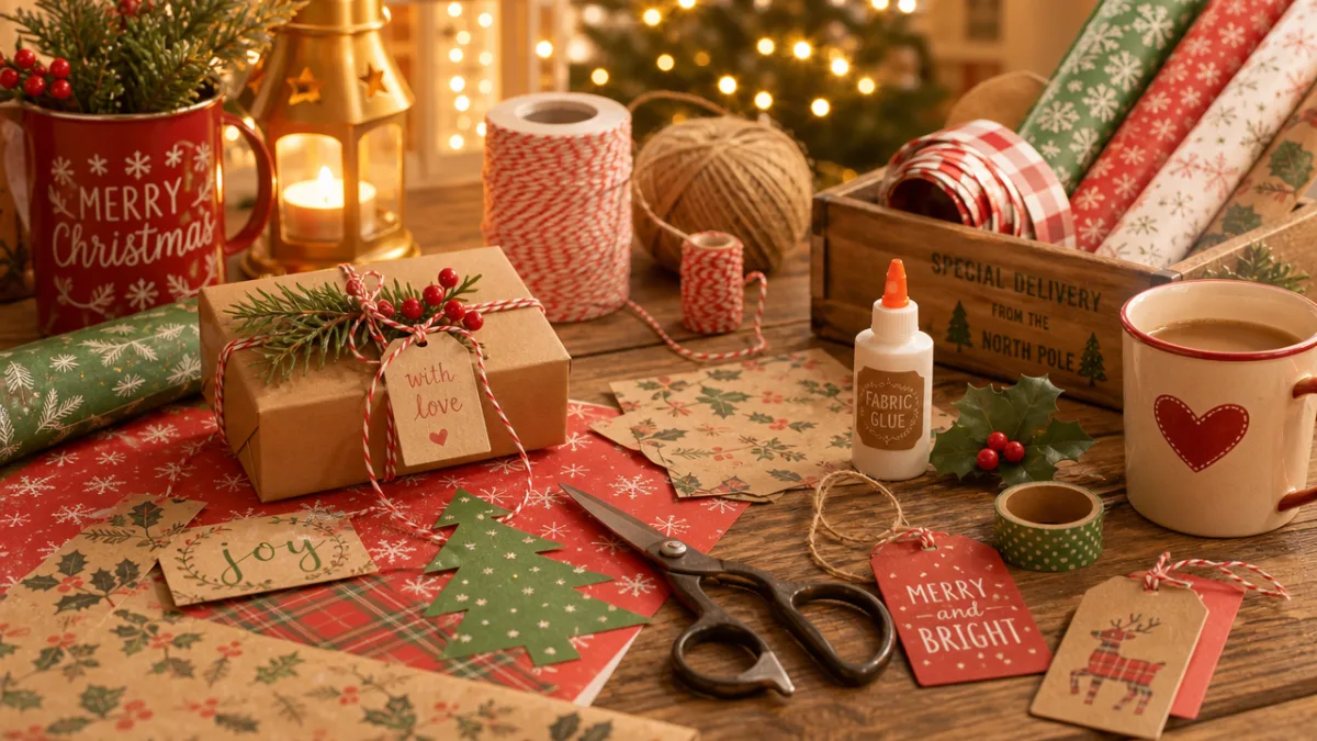 a festive craft table covered with colorful Christmas paper, scissors, twine, and…