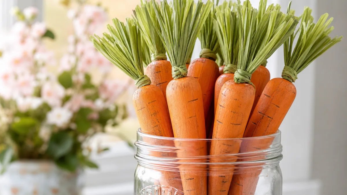 close-up of finished orange wooden carrots with green raffia tops arranged in…