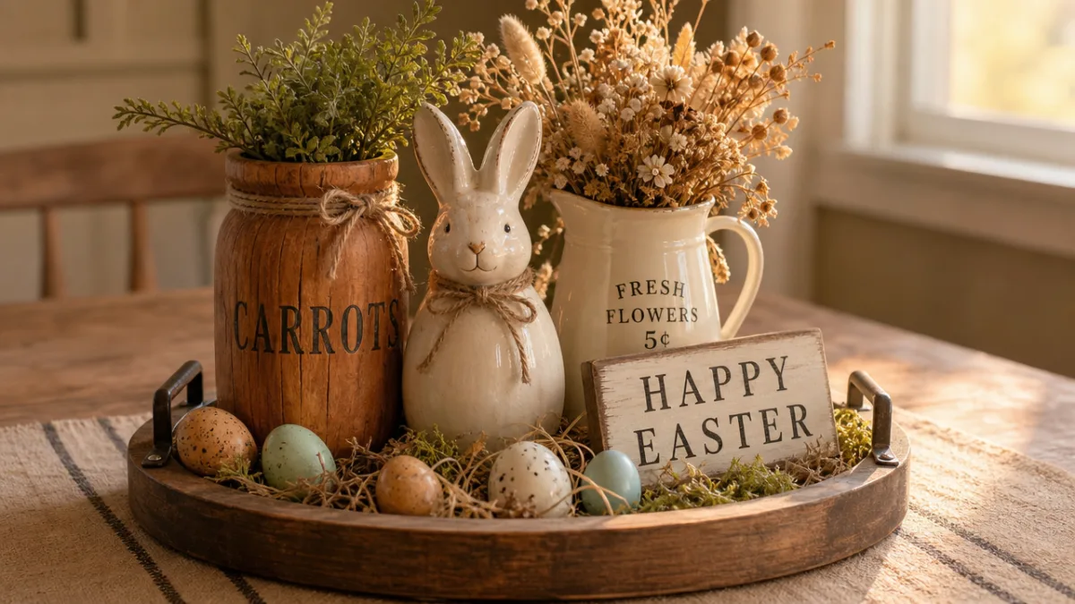 farmhouse Easter vignette with wood carrot jar, ceramic bunny, dried flowers, and…