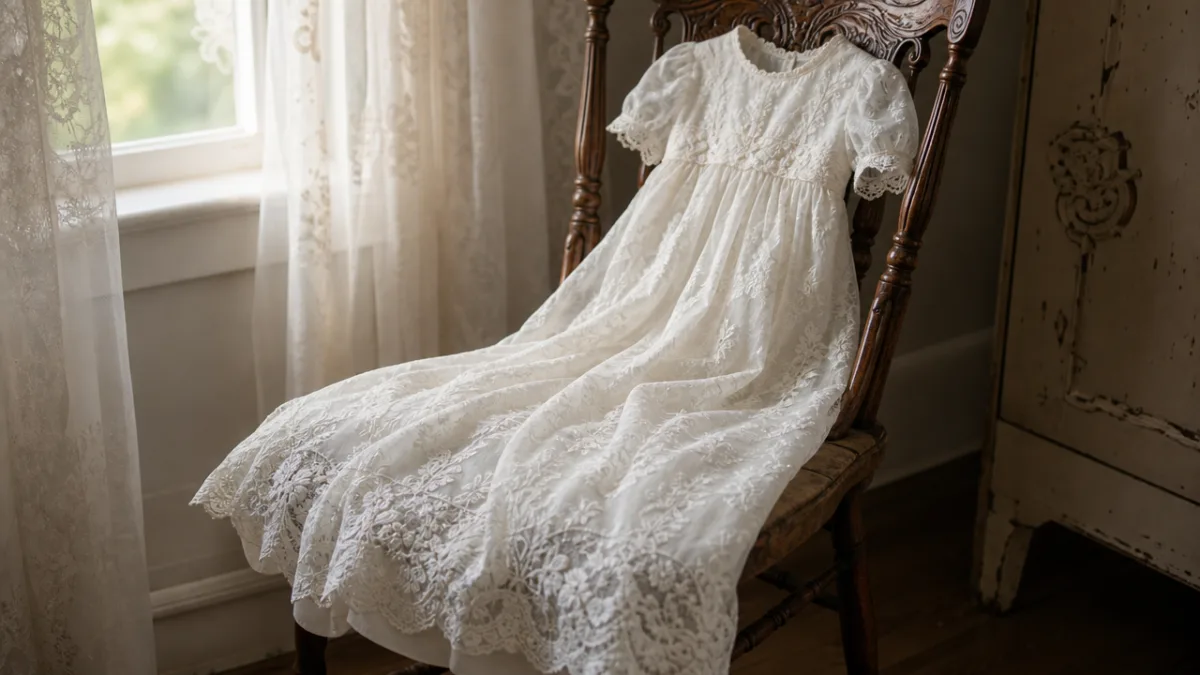 a delicate christening gown made from repurposed wedding dress lace draped over…