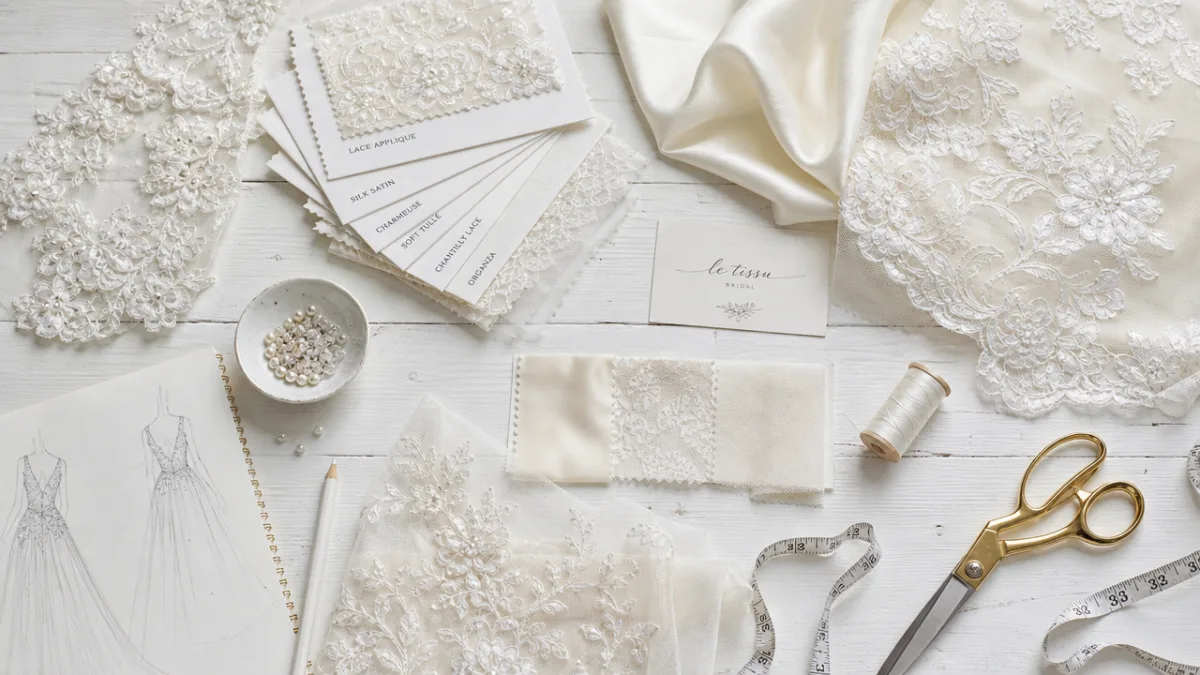 a flat lay of wedding dress fabric swatches, lace panels, and sewing…