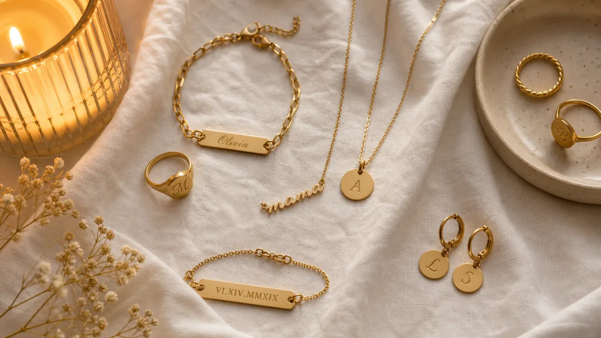 a flat lay of personalized gold jewelry pieces on white linen, soft…
