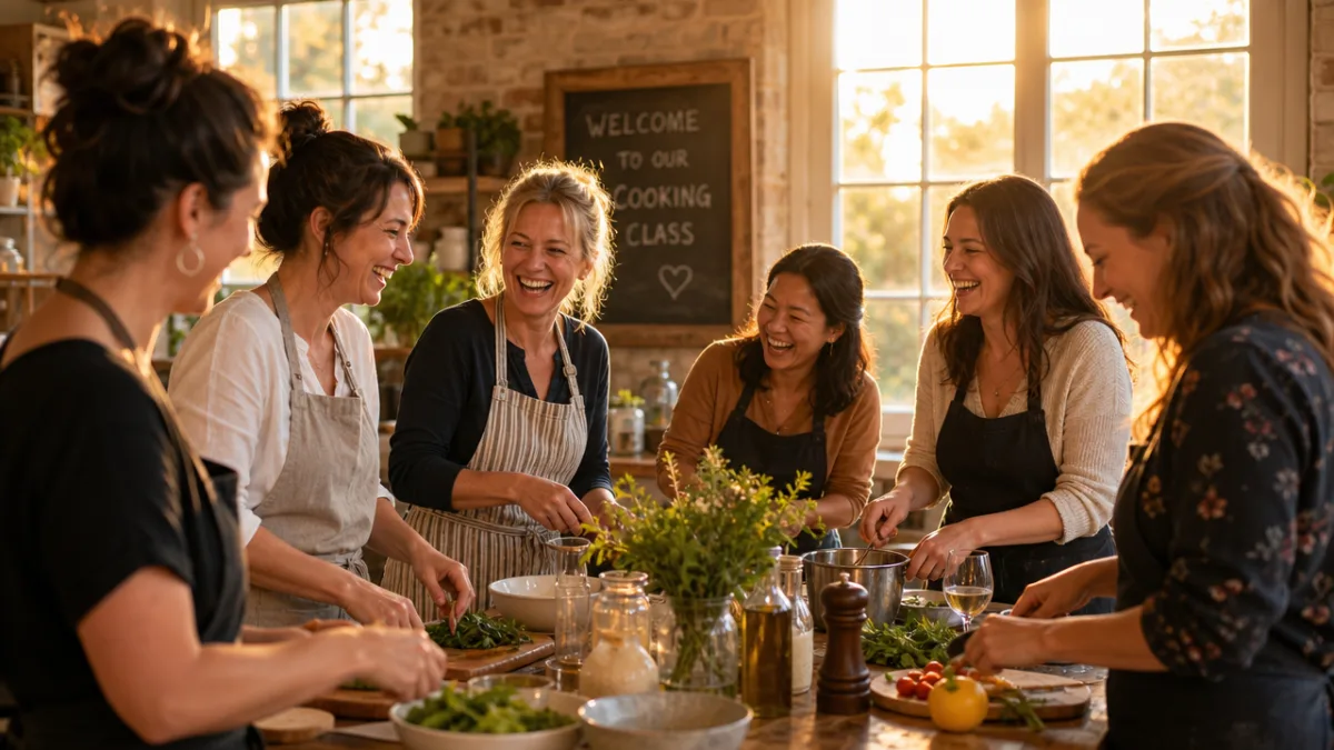 a group of women laughing around a rustic wooden table during a…