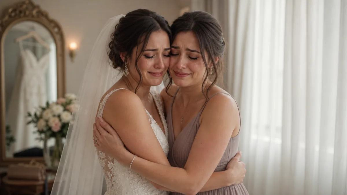 a bride and bridesmaid embracing emotionally in a softly lit dressing room,…