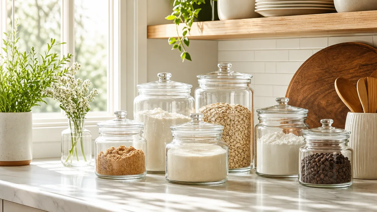 a clean kitchen countertop with sparkling glass jars in various sizes, warm…