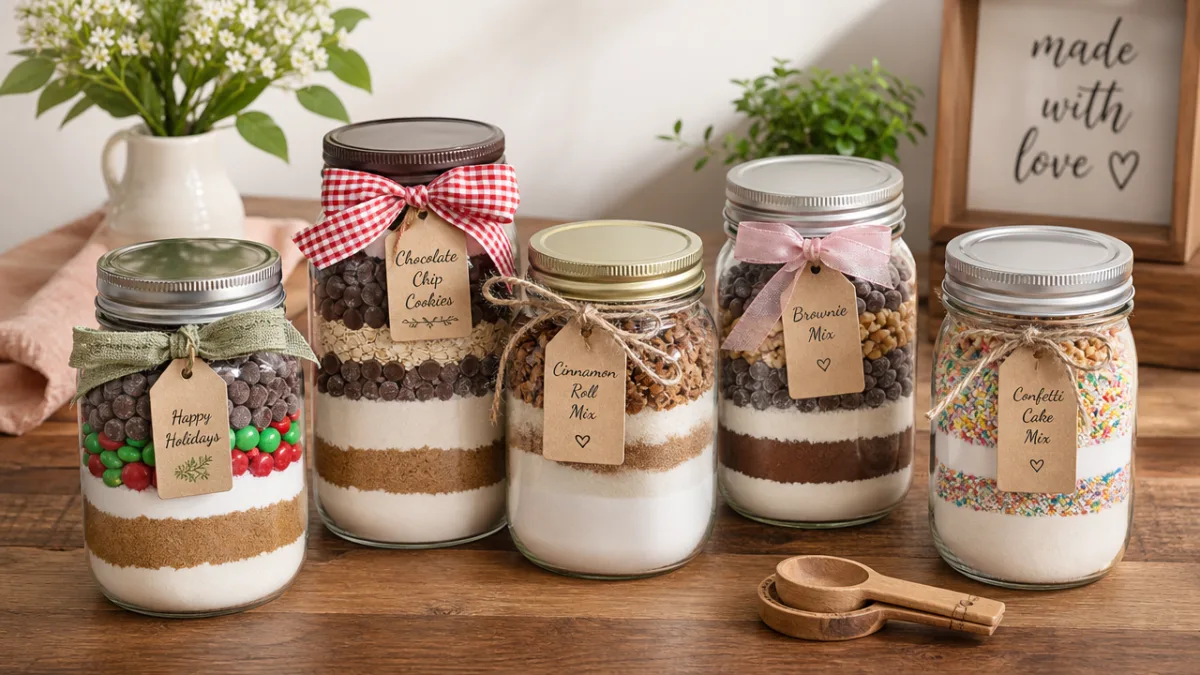 a wooden table with beautifully arranged gift jars filled with colorful layered…