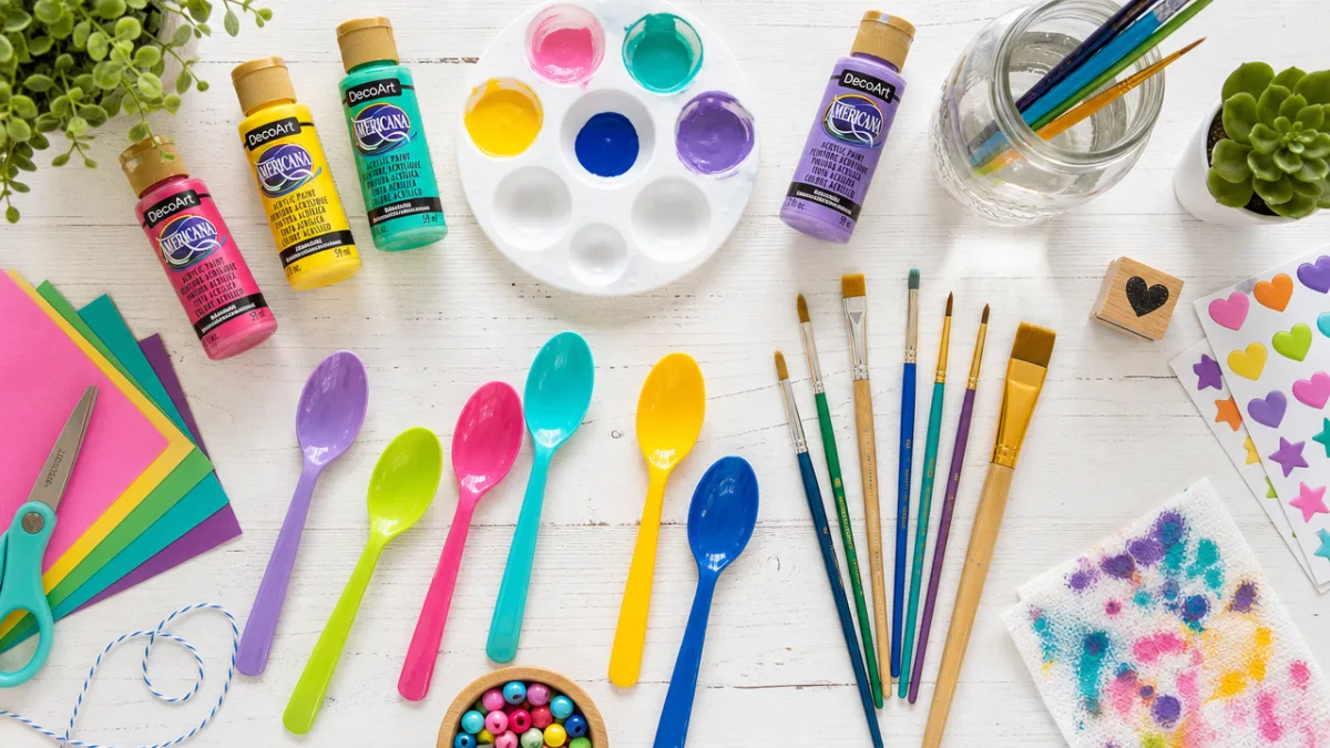 an overhead flat lay of colorful craft supplies including plastic spoons, acrylic…