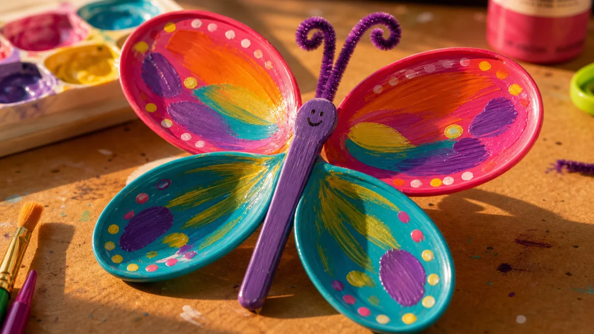 a close-up of vibrantly painted plastic spoon butterfly wings on a craft…
