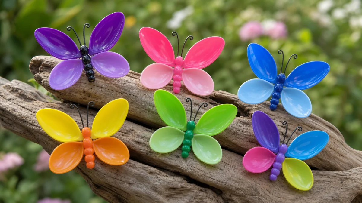 a collection of finished colorful plastic spoon butterflies displayed on driftwood against…