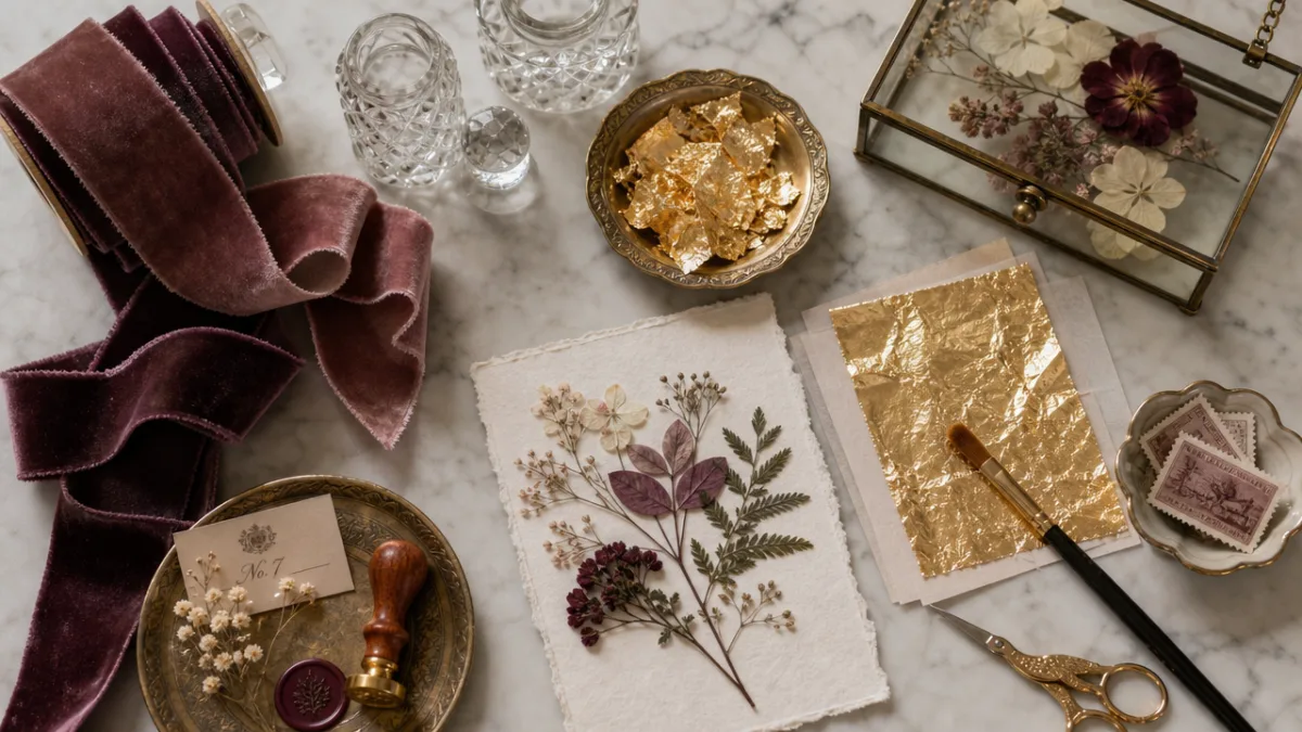 a flat lay of luxury craft materials including velvet ribbon, pressed botanicals,…
