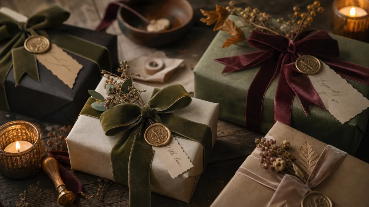 elegantly wrapped luxury handmade gifts with velvet ribbon, wax seals, and dried…
