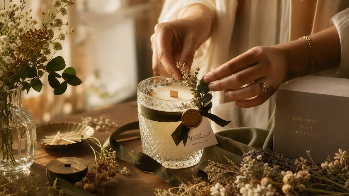 a person's hands carefully finishing a handmade luxury candle gift in a…