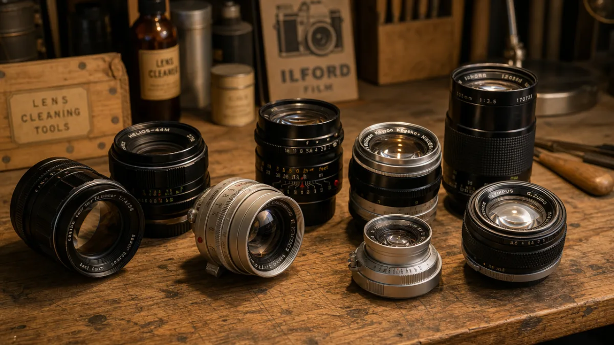 a collection of vintage camera lenses arranged on a wooden workbench, warm…