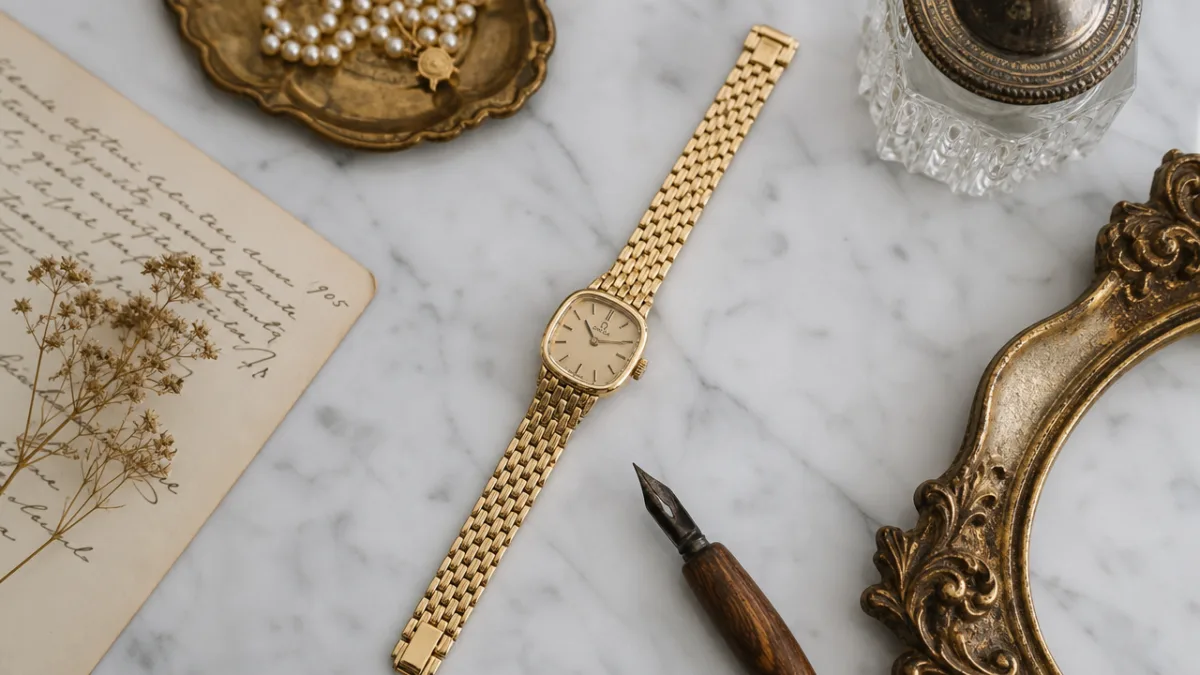 a styled flat lay of a gold vintage watch bracelet beside antique…