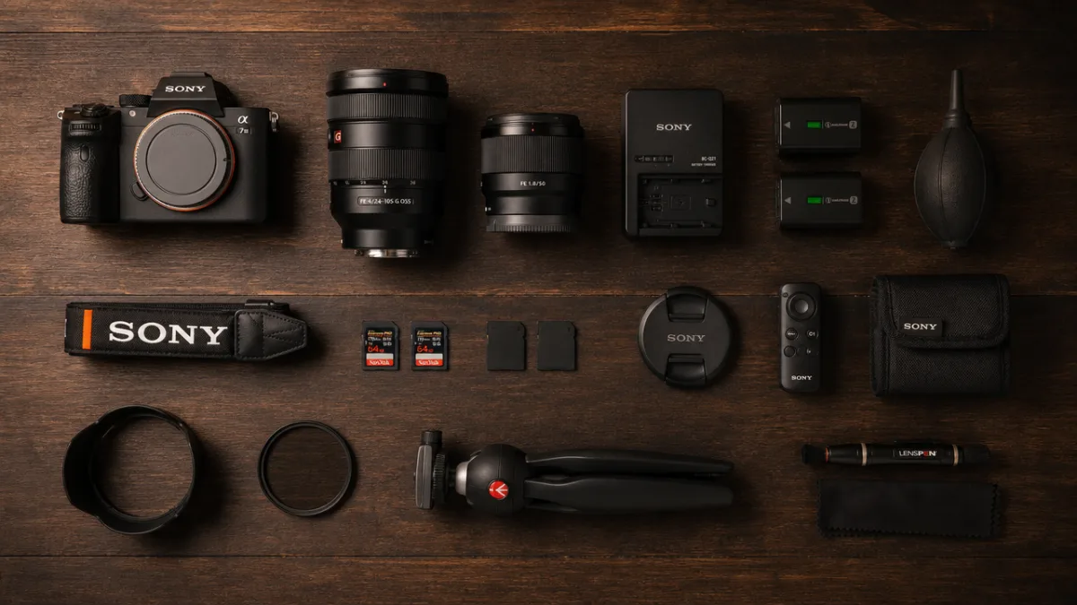 a neatly arranged flat lay of camera accessories on a dark wooden…