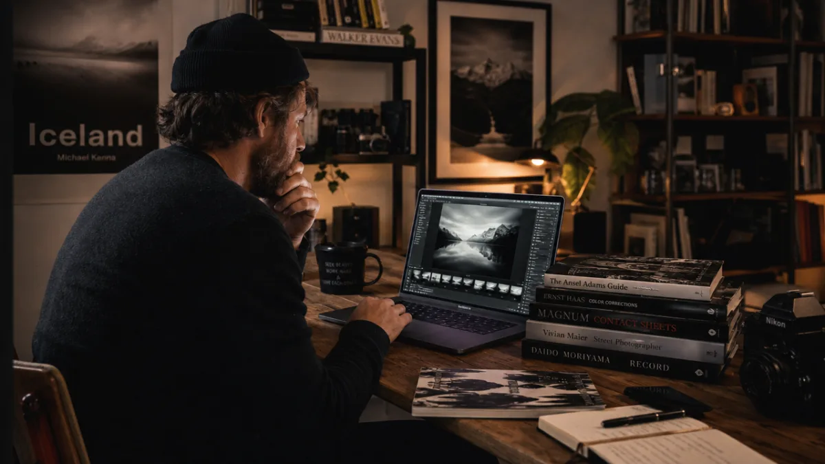 a photographer reviewing images on a laptop surrounded by photography books in…