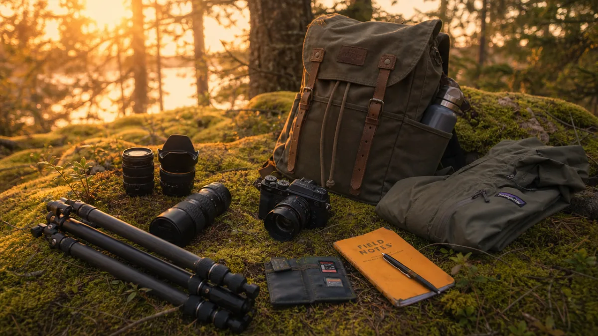 a photographer's field gear laid out on mossy ground at golden hour,…