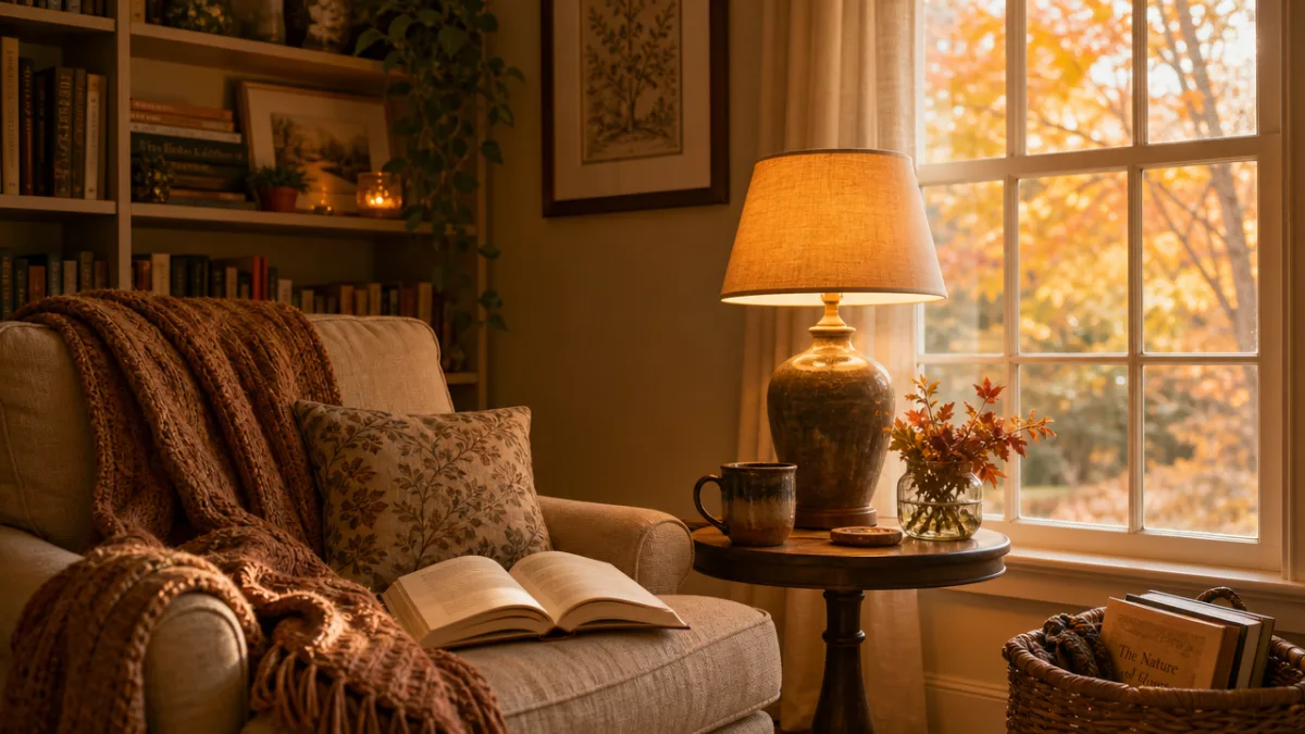 a peaceful reading nook with a glowing lamp, open book and warm…