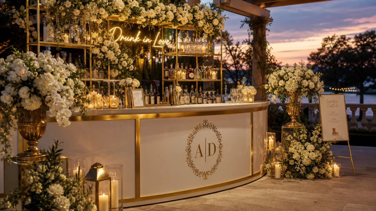 a luxurious wedding bar with gold accents, white florals, and soft candlelight…