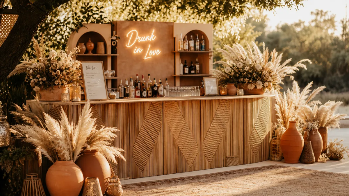 a boho luxe outdoor wedding bar with pampas grass, terracotta vessels, and…