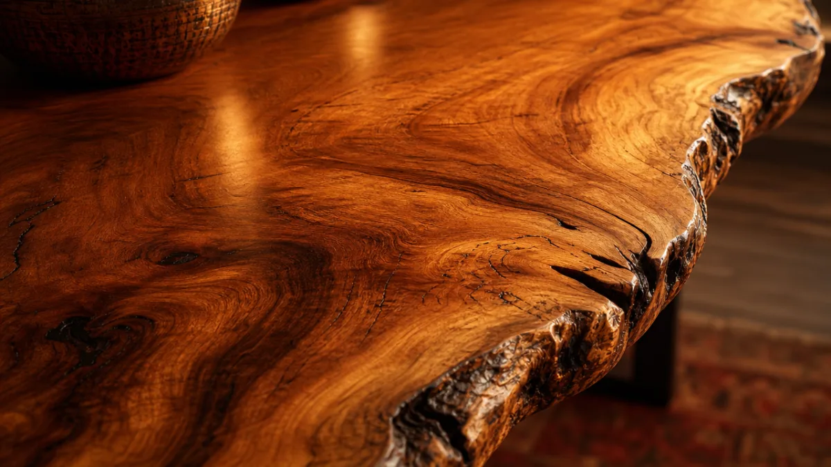 a close-up of a live-edge wooden table surface with warm amber lighting…