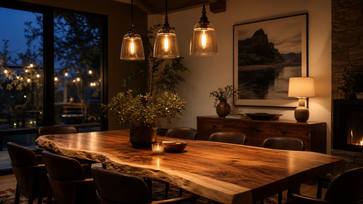 a cozy dining room with a live-edge wooden table, pendant lights glowing…