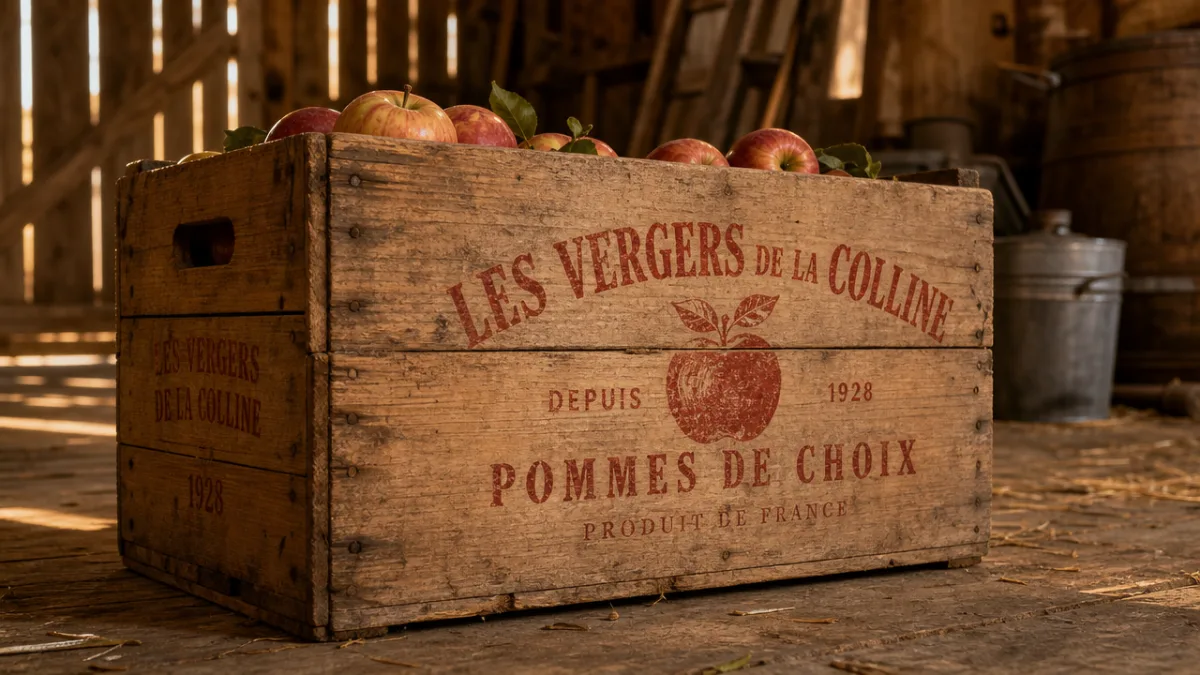 a rustic wooden apple crate with faded French typography stamped in red,…