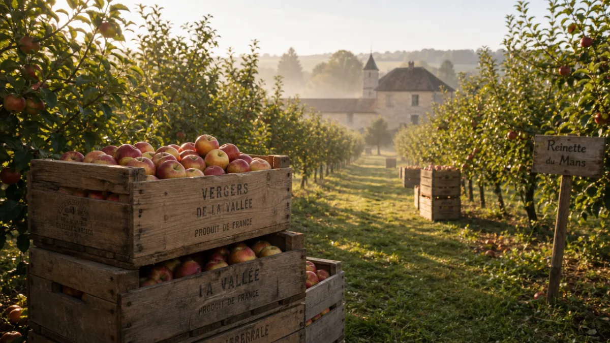 a sunlit French orchard with wooden apple crates stacked among tree rows,…