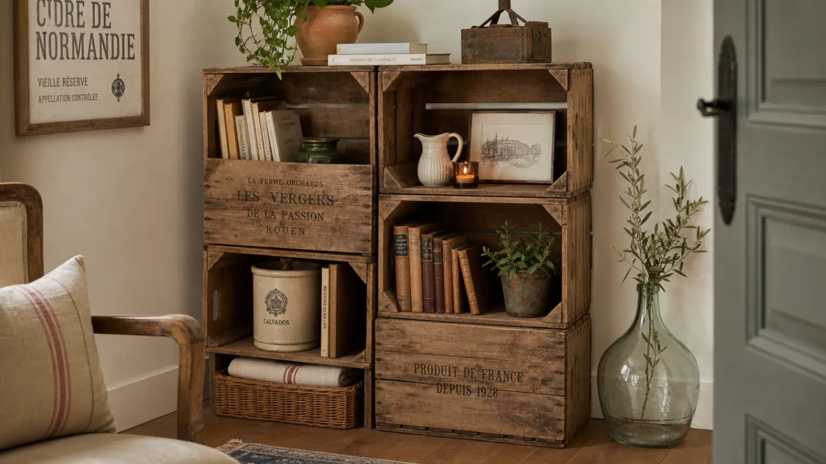a styled interior corner with stacked vintage French apple crates used as…