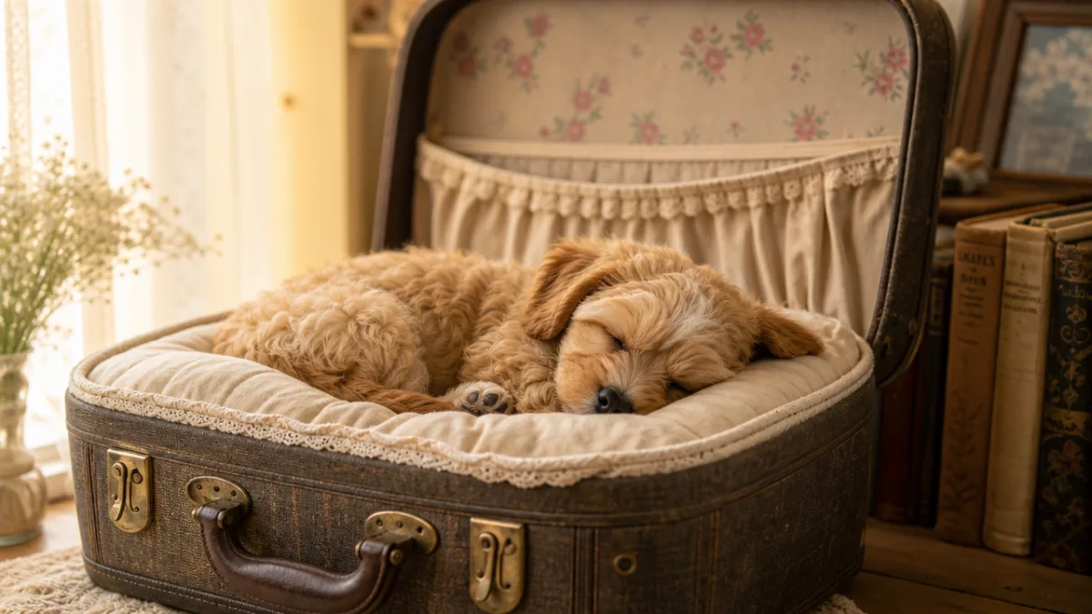 an adorable small dog sleeping peacefully in a beautifully finished vintage suitcase…