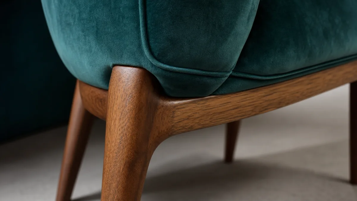 close-up of solid wood furniture legs and velvet fabric texture, elegant product…