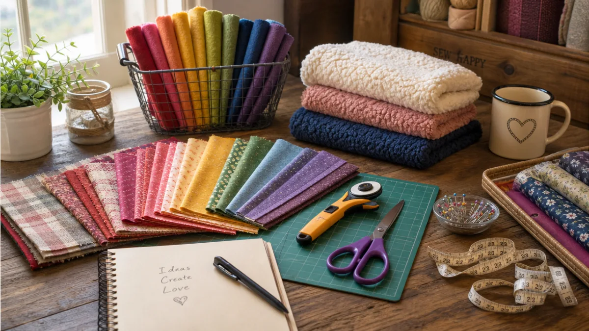 a warm rustic crafting table with colorful fabric swatches, fleece, and sewing…