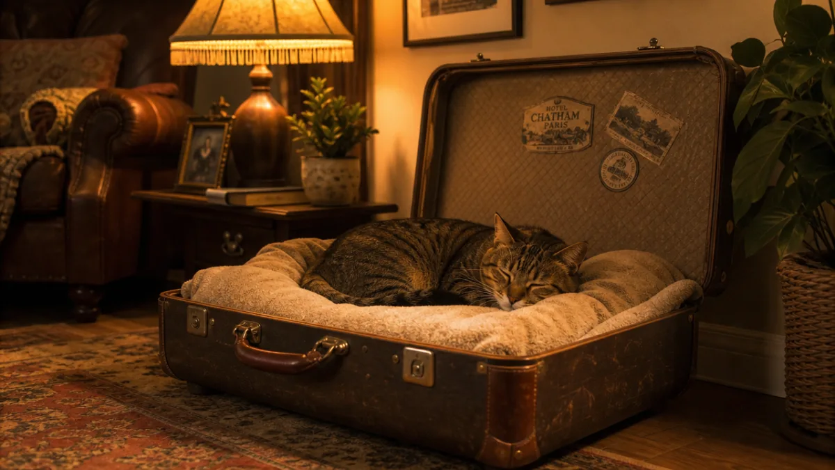 a cozy vintage suitcase cat bed with plush cushion inside, warm amber…