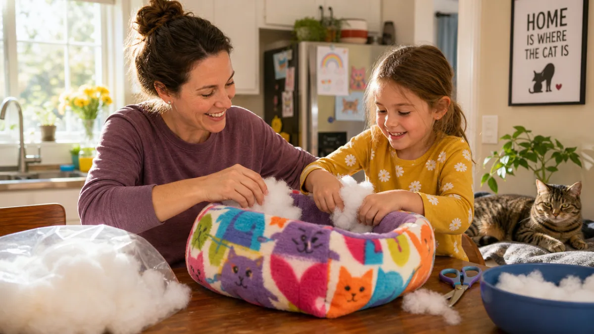 a parent and child together stuffing a colorful fleece cat bed at…