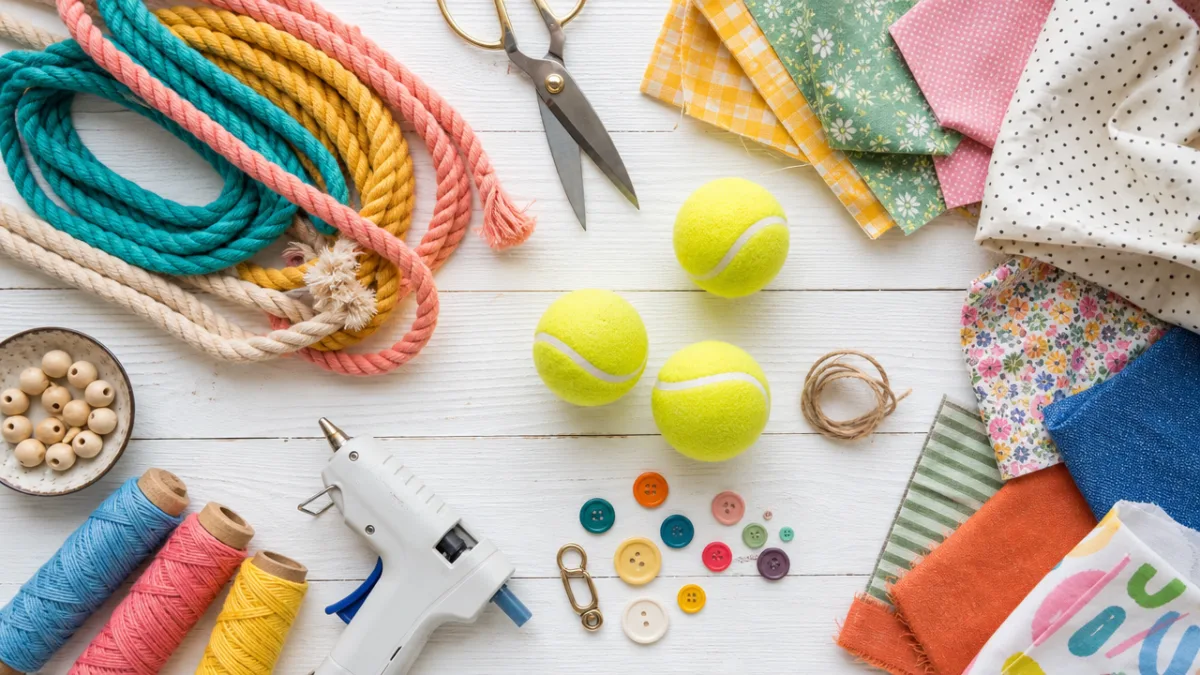 a flat lay of colorful cotton rope, fabric scraps, tennis balls, and…