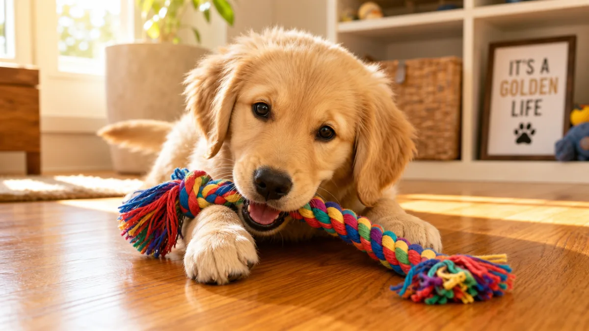 a golden retriever puppy playing with a colorful homemade braided rope toy…