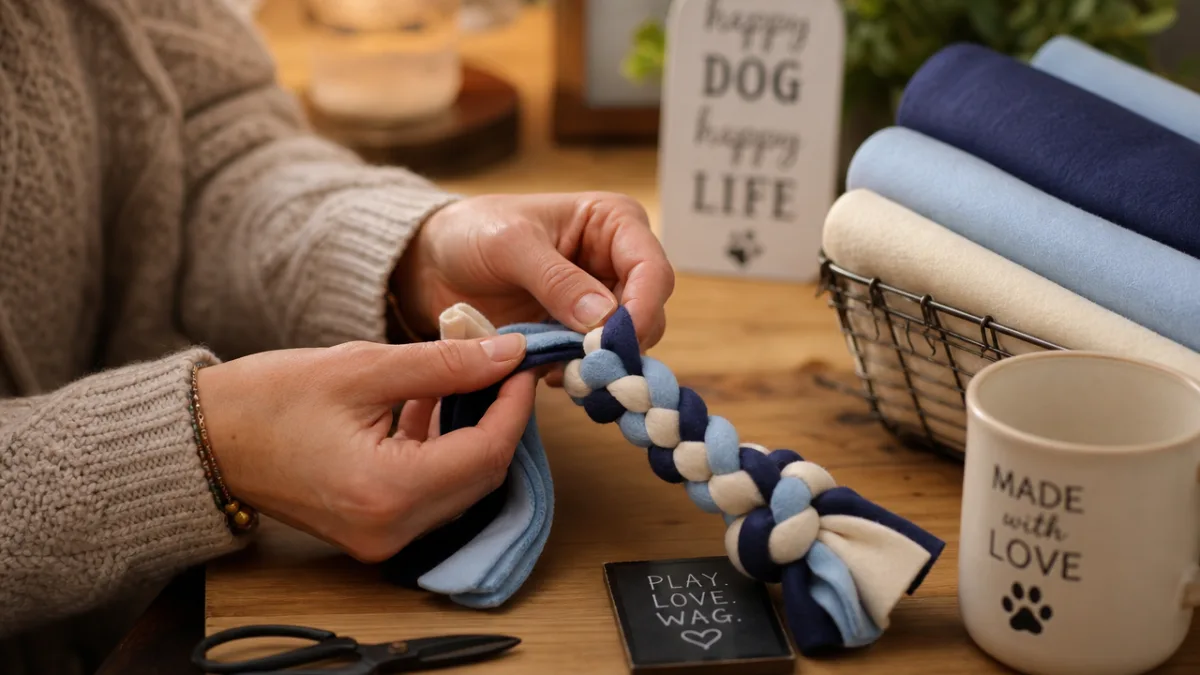 a close-up of loving hands crafting a braided fabric dog toy at…