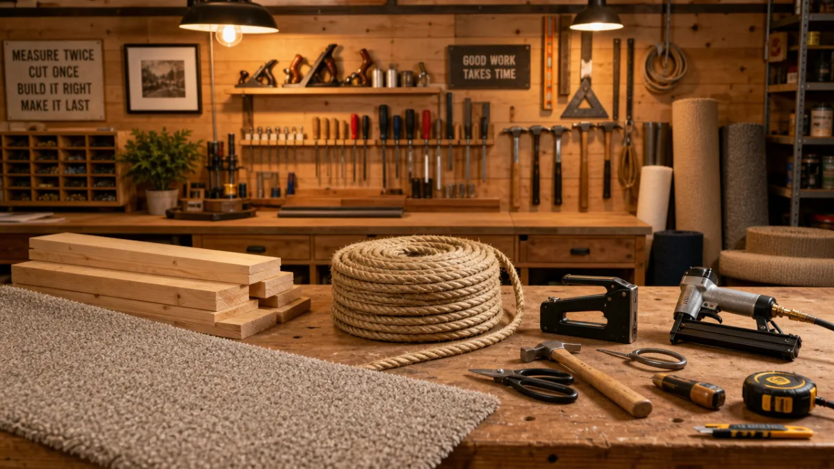 a well-lit woodworking workshop with natural lumber, sisal rope, and carpeting tools…