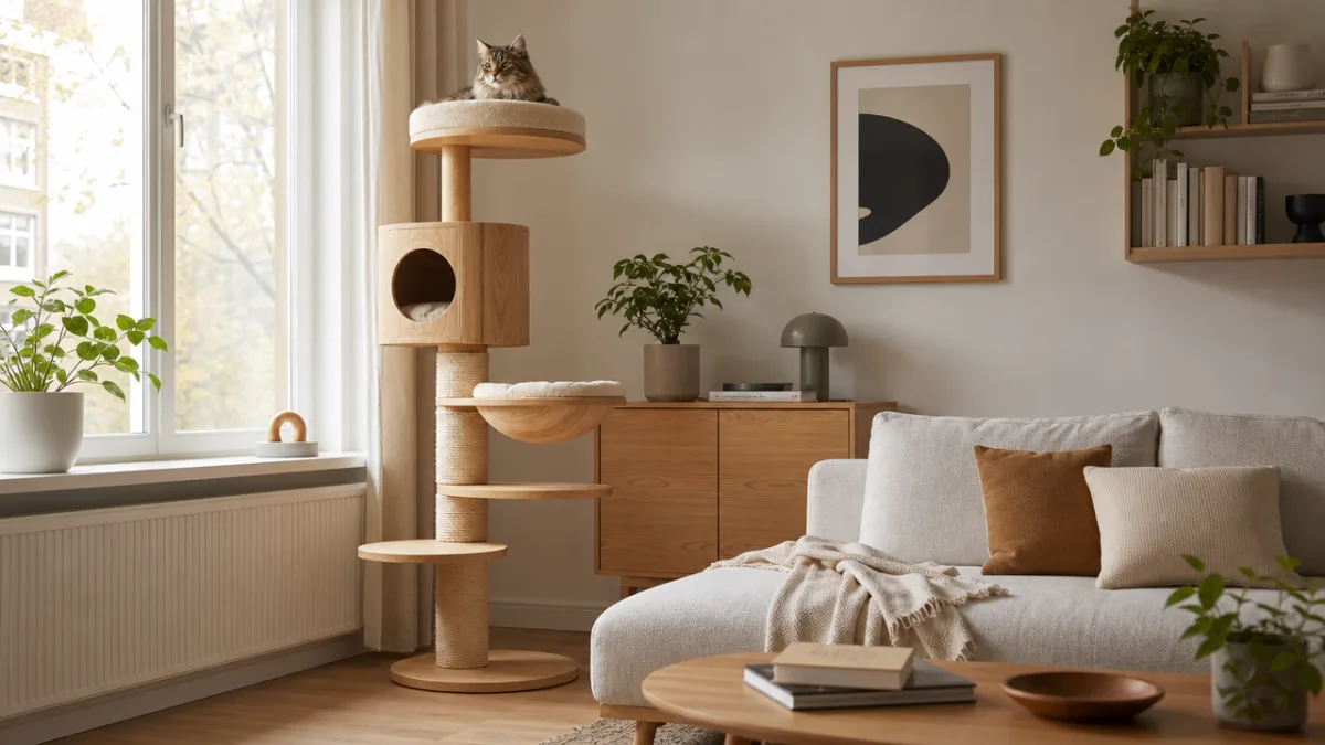 a modern Scandinavian living room featuring a sleek natural wood cat tree…
