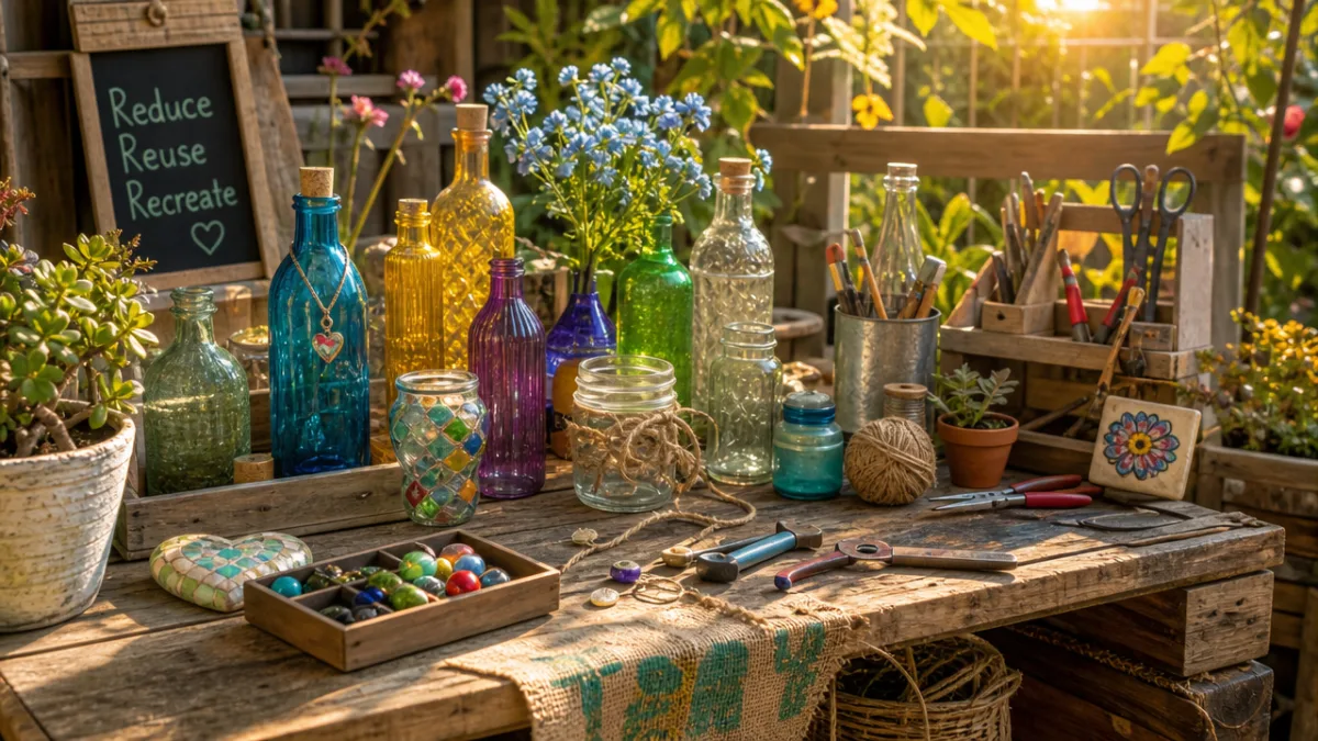 a sunlit garden workbench covered with colorful recycled bottles and craft tools,…