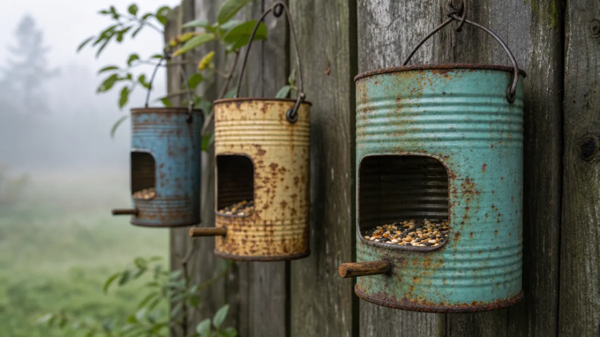 close-up of rustic tin can bird feeders hanging from a wooden fence,…