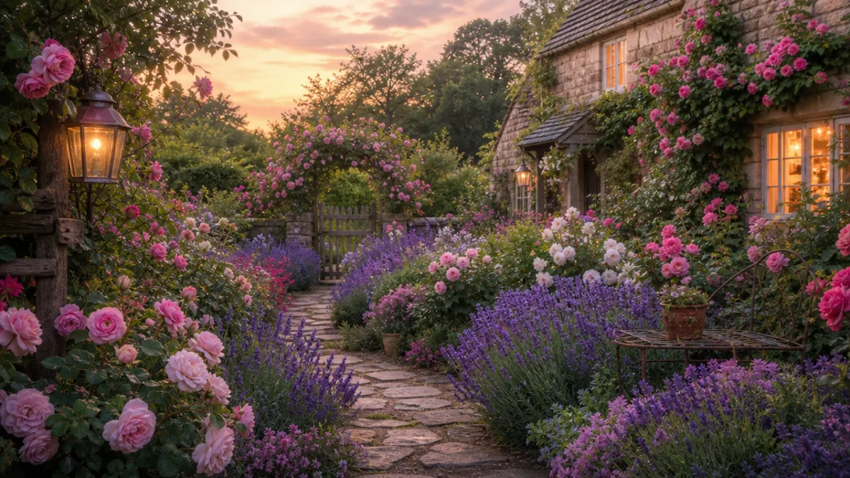 a beautifully arranged cottage garden with roses and lavender in full bloom,…