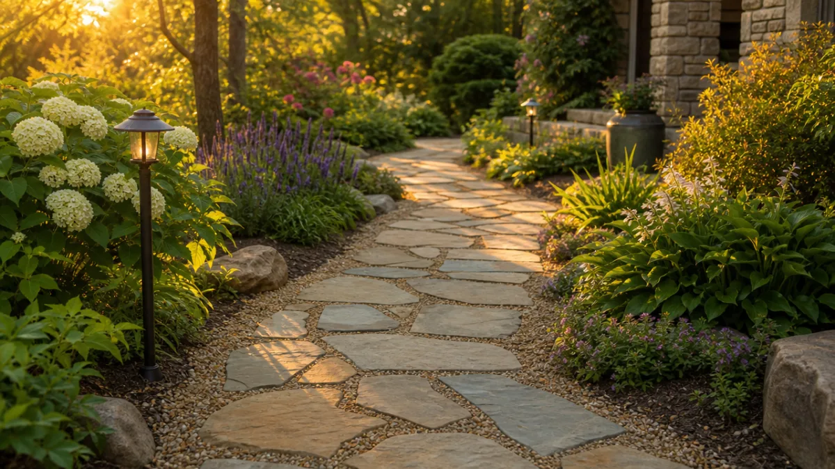 a winding garden flagstone walkway with pea gravel fill bordered by green…
