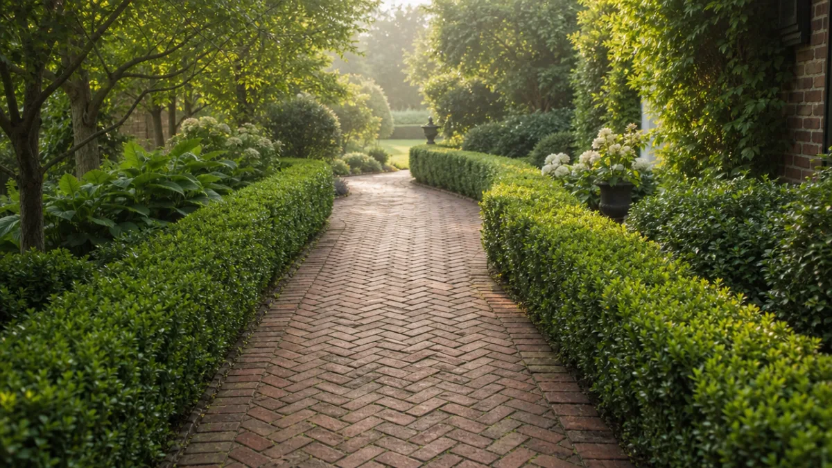 a classic herringbone brick garden walkway bordered by lush green hedges, soft…