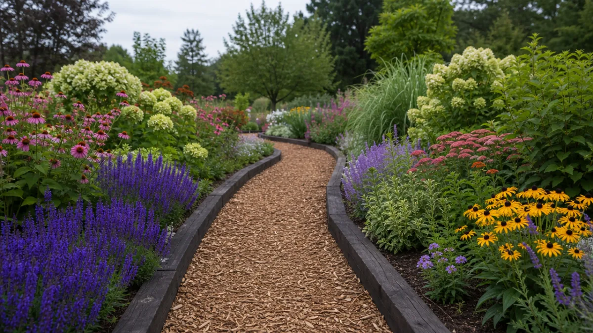a neat mulched garden path with dark timber edging flanked by colorful…