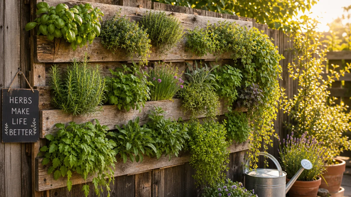 a rustic vertical garden made from reclaimed fence boards covered in lush…
