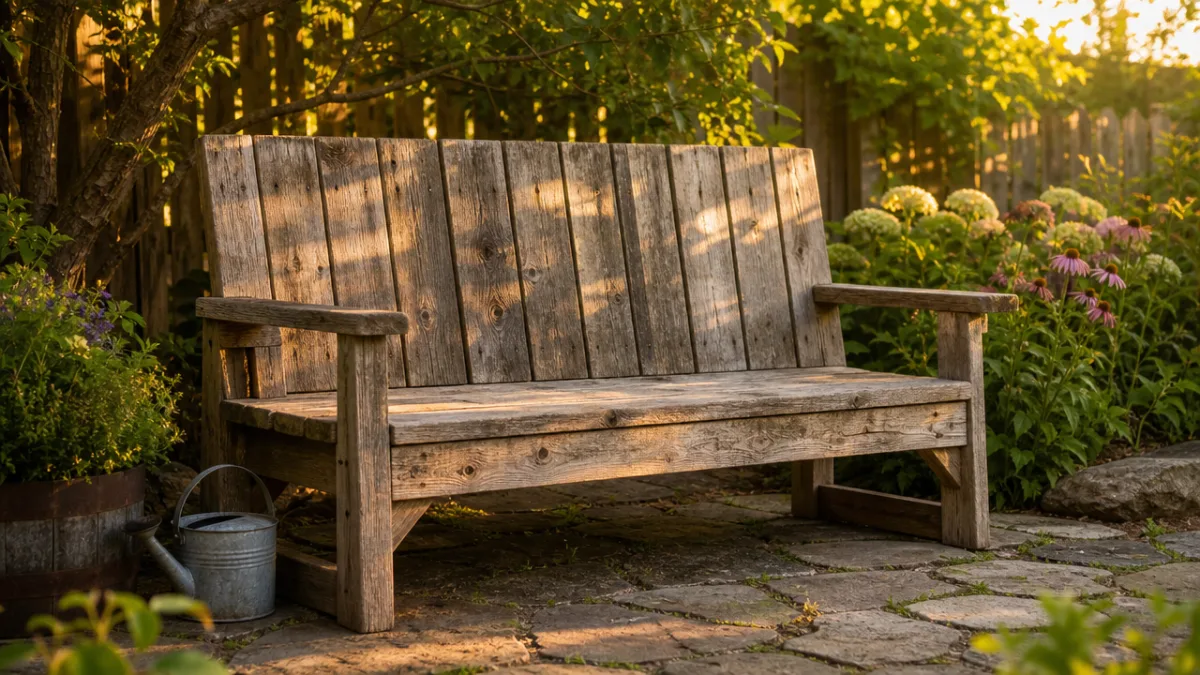 a handcrafted wooden garden bench made from weathered reclaimed fence boards, dappled…