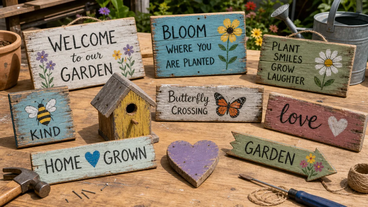 a collection of small handmade garden signs and crafts made from weathered…