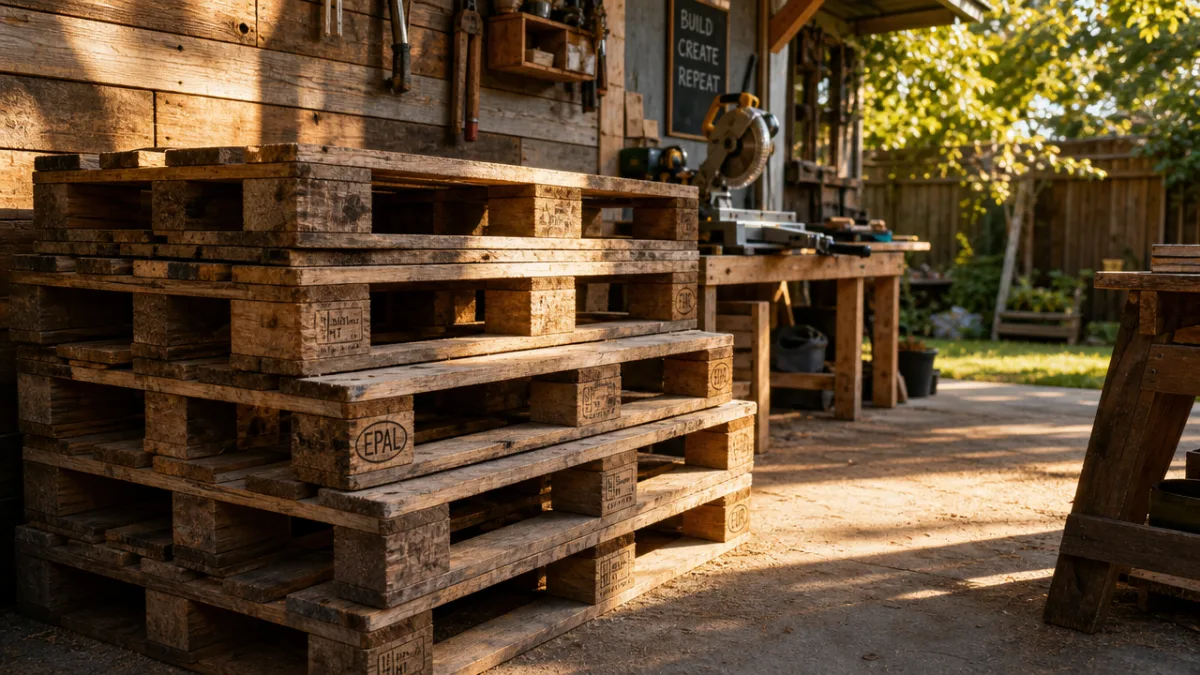 reclaimed wooden pallets stacked in a sunlit backyard workshop, warm afternoon light…