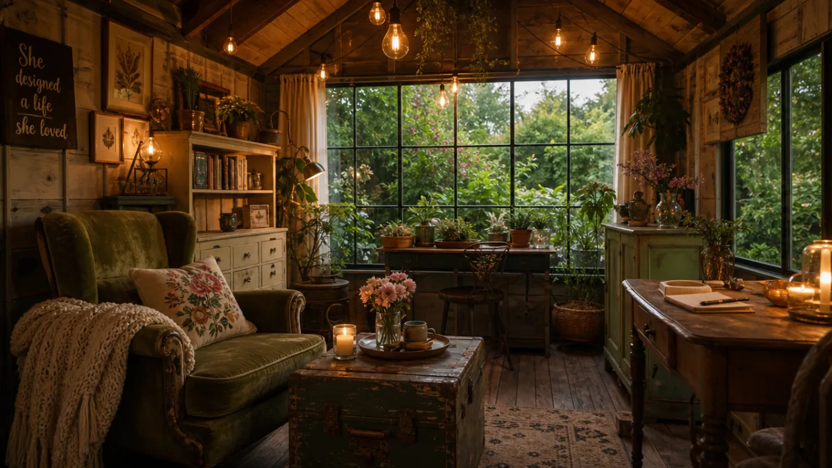 a cozy backyard she shed interior with warm Edison bulb lighting, vintage…